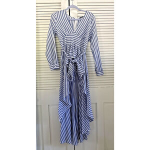 Julia Striped Shirt Dress Blue White Tie V-Neck Long Sleeve Ruffle High Low M